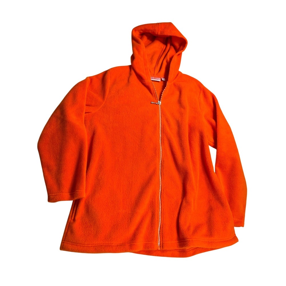 Quacker Factory Large Orange Hooded Fleece Jacket Rhinestone Zip